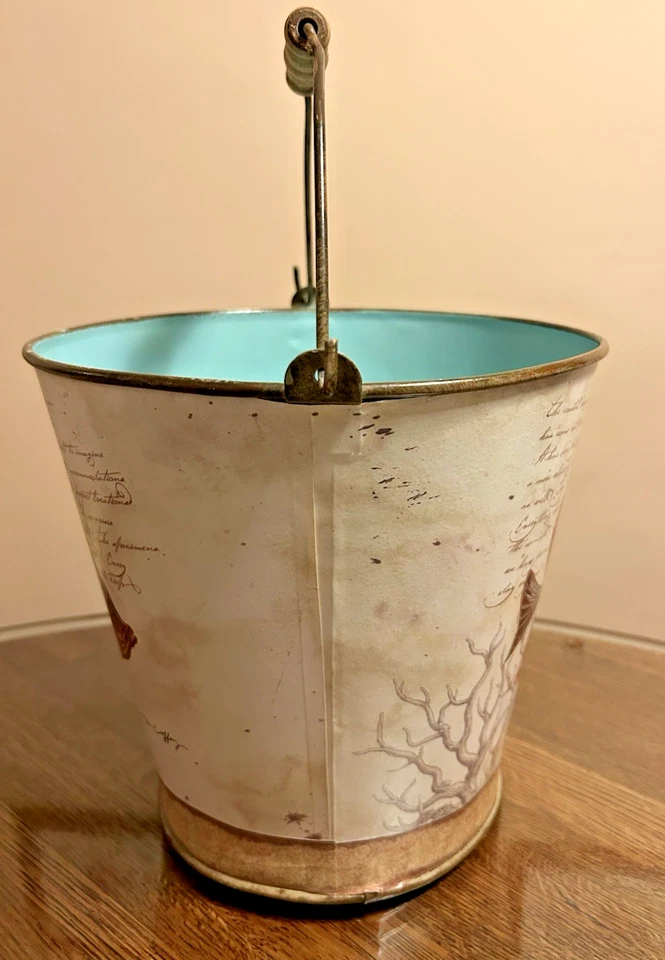 Tim Coffey Fish & Seaweed 9" Decor Metal Bucket Pail  Wood Handle Creative Co-op - Image 2 of 4