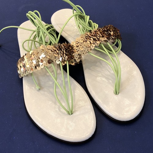 NEW Designer CHARLOTTE SOLNICKI Lace-Up Gladiator Sandals Sz 37 US 7 Gold Sequin - 第 7/12 張圖片