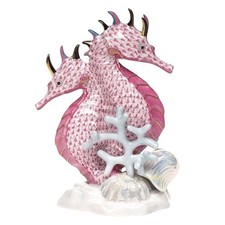 HEREND GUILD, SEAHORSE PAIR, 6.75", RASPBERRY FISHNET, NEW