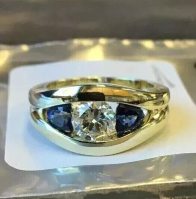 Men's 3Ct Created Diamond Blue Sapphire Boys Wedding Ring 14K Yellow Gold Finish