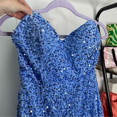 cyan blue bridesmaid dresses Ava Presley Velvet Sequin Homecoming Dress 27827 main image 0
