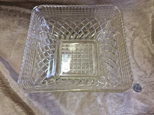 Federal Glass 1940's Square Pressed Glass Bowl Diamond Lattice Pattern