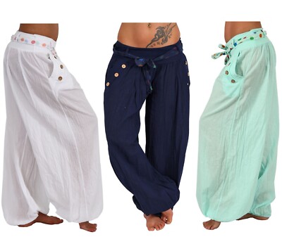 Leichte Sommer Hose Strand Harem Aladin Knopf Tasche Ali Baba Pumphose Pluder 