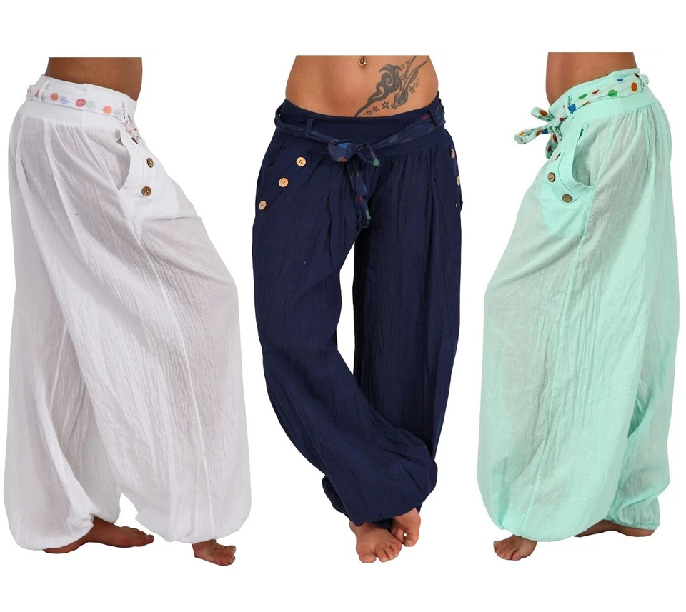 Leichte Sommer Hose Strand Harem Aladin Knopf Tasche Ali Baba Pumphose Pluder