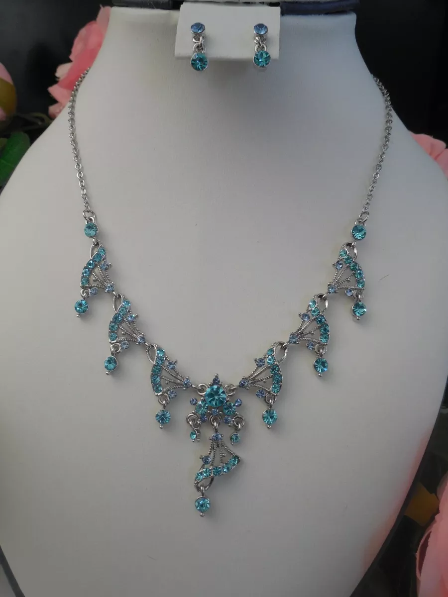 Blue Topaz Austrian Crystal Necklace Set Bronze Chain Wedding