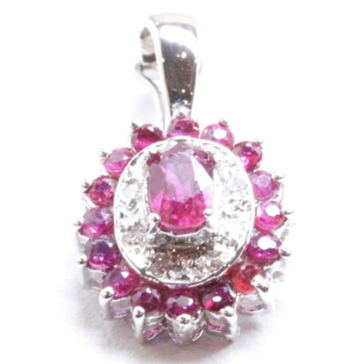 1,5 ctw natürlicher roter Rubin & Diamant massiver 14k Weißgold ovaler Heiligenschein Anhänger 0,8 Zoll