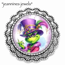 Mardi Gras BROOCH Grinchy Silver Lapel Pin Fat Tuesday Party Favor Gift