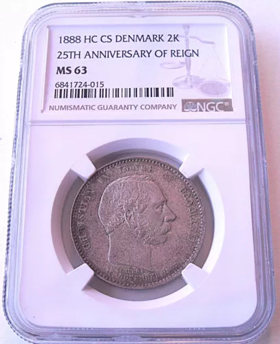 1888 HC CS Denmark 2 Kroner , NGC MS 63 , nice silver coin     # 1820 , # 57-4