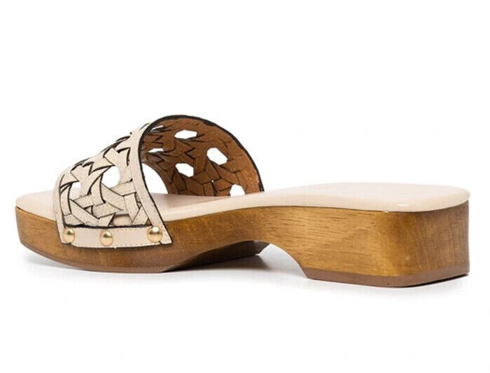 Tory Burch $298 NIB Basket-Weave Clog Sandals New Cream Calf