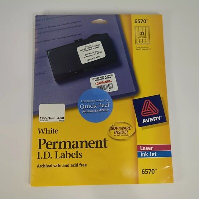 Avery 6570 Permanent ID Labels Inkjet Laser 1 1/4 x 1 3/4 White 480 Pack OPEN