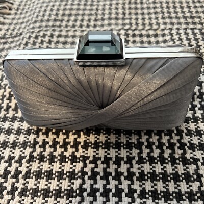 Sondra Roberts Designer Clutch Evening Shoulder Bag Silver Satin W/ Chain  Strap