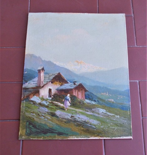 Quadro Olio PAESAGGIO DI MONTAGNA Monte Rosa? Baite Peinture 21x27 cm - 第 1/3 張圖片