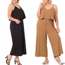 1X 2X 3X Women's V Neck Ribbed Tank Sleeveless Wide Leg Pants Loose Fit Jumpsuit