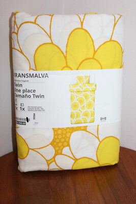 IKEA KRANSMALVA DUVET COVER SET STYLIZED FLORAL YELLOW WHITE