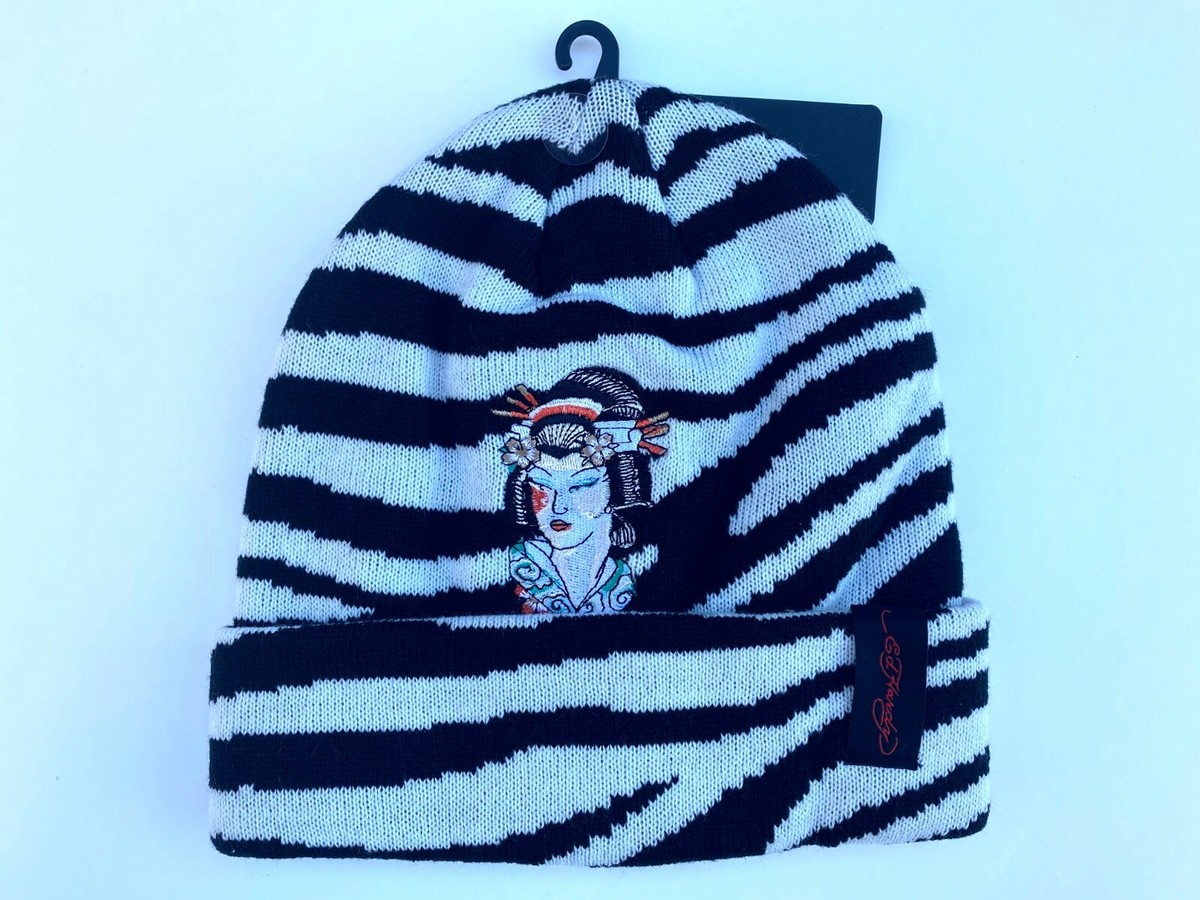 Ed Hardy Womens Winter Knit Beanie Hat Fold Ove Geisha Black White