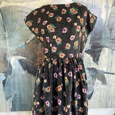 VTG Handmade Dress Cottage Floral Fit & Flare Black Pink Pin Up Rockabilly XS/S