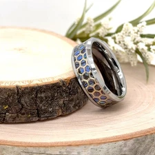8mm Elegant Silver Tungsten Ring Blue Opal & Gold Honeycomb Inlay Durable Band