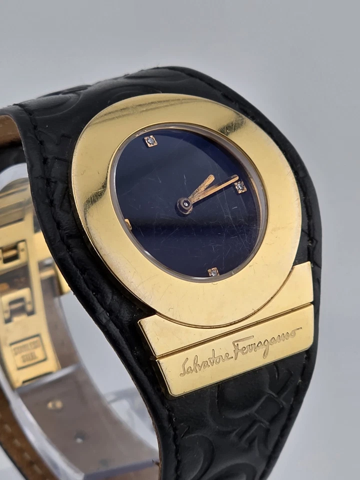 Salvatore Ferragamo Swiss Made Gold Plated Leather Watch Diamond Markers. Works. - image 2 of 4