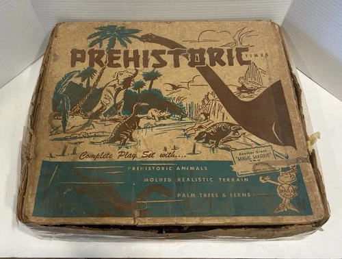 Vintage 1960 Marx Prehistoric Times Playset Square Box w/60+ Dino Landscape Tree