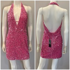 NWT Fashion Nova Size Large Bright Pink Sequin Mini Dress Fully Lined Backless