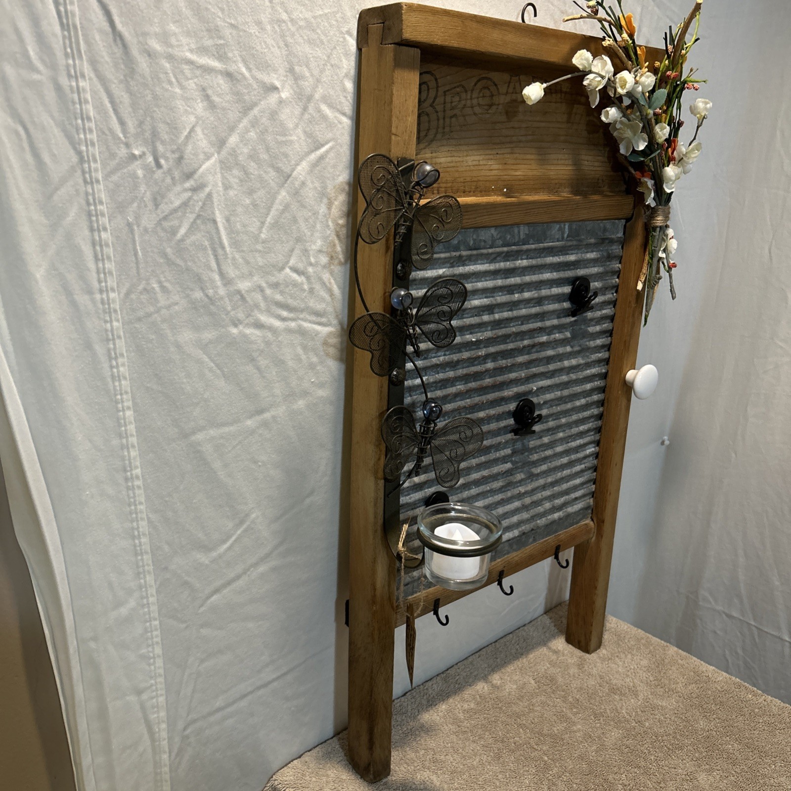 Antique Farmhouse Vintage Decorative Wash Board With Candle Holder And Hooks