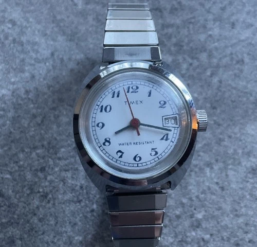 Cool Vintage Timex Womens Mechanical Watch Silver Tone Case & Silver Band A19