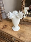 FENTON Silver Crest Milk Glass Trumpet Vase Crimped Ruffle Edge 6.5"H