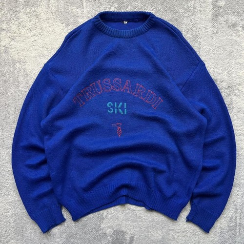 Trussardi, Vintage Trussardi Knited Crew Neck SKI Jumper XL Mens Blue Red Embroidered 80s