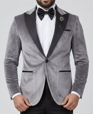 Luxus Designer Samt Smoking Herrenanzug Dinner Jacket  Grau Silber Slim Fit