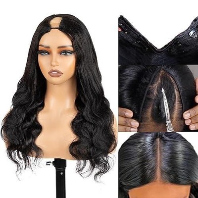 V Part Wig Human Hair Body Wave, 200% Density Clip in Half 