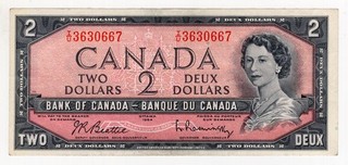 1954 BANK OF CANADA TWO 2 DOLLAR BANK NOTE IU 3630667 NICE BILL
