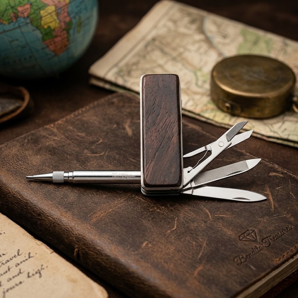 A wood-handled gentleman's multi-tool with pen, scissors, and file — the kind of refined pocket kit a dandy from another era would never leave home without.