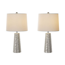 Table Lamps - Set Of 2 Hammered Metal Lights Flared Bases And Drum Shades For