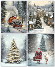 Rustic Christmas Winter Scene Wall Art Decor Set of 4, Vintage Snowy Christmas T