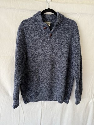 LL Bean Lambswool Sweater Mens M Reg Blue Marled Mock Neck Button Pullover