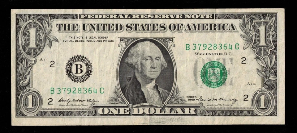 1969 $1 FRN B37928364C MIS-ALIGNED/SHIFTED - Image 2 of 3