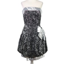 Vintage 80s Mike Benet black and silver metallic lace strapless party dress S