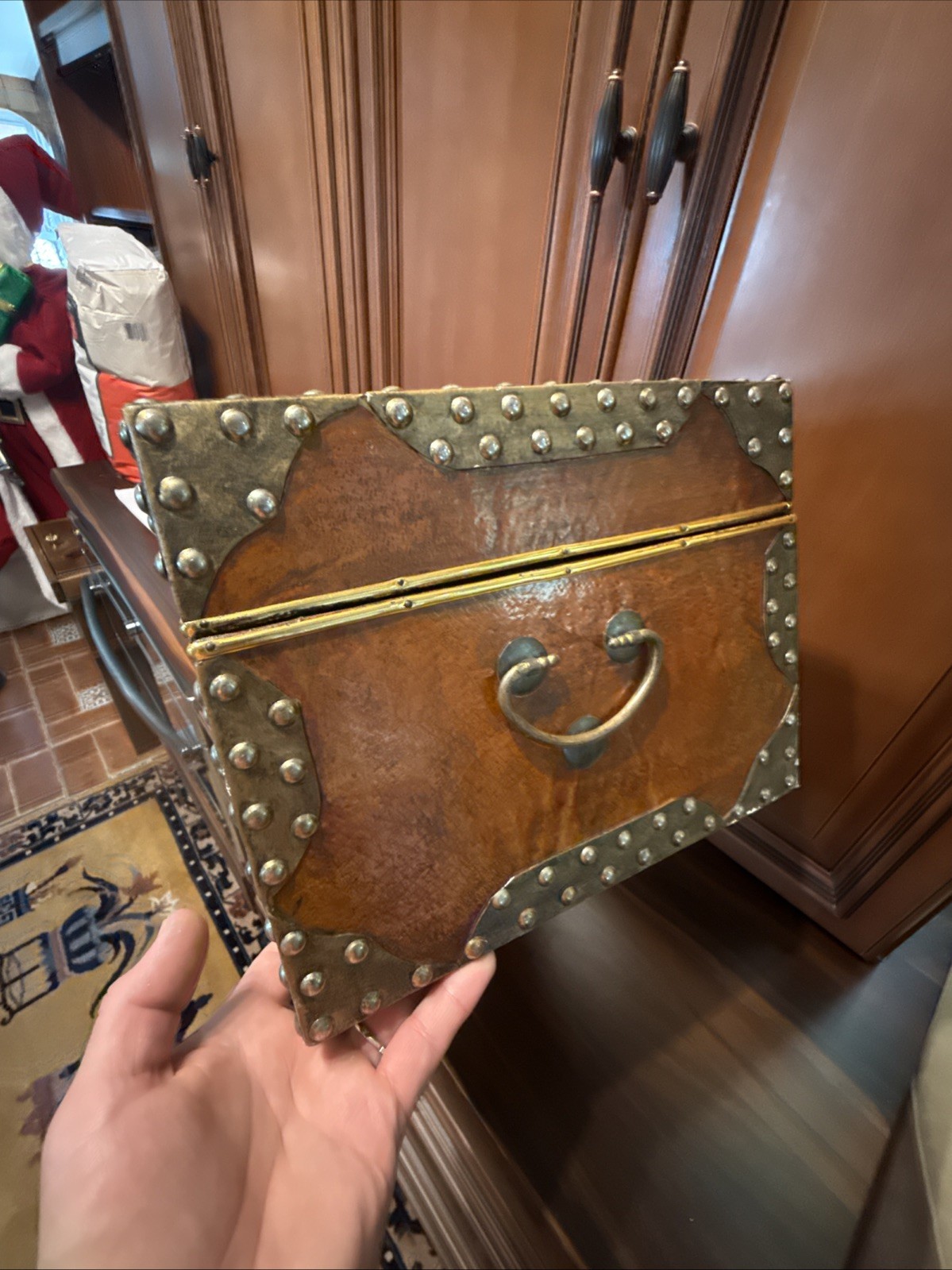 Vintage Faux Brown Camel Leather Trunk Chest Sudden Metal Corners 