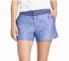 Vineyard Vines Boho Chic Blue Linen Cotton Shorts Euro Summer Size 6 Embroidered
