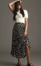 Anthropologie Maeve Silky Pleated Skirt Printed Polka Dot Lined Zip Black 2 NWT