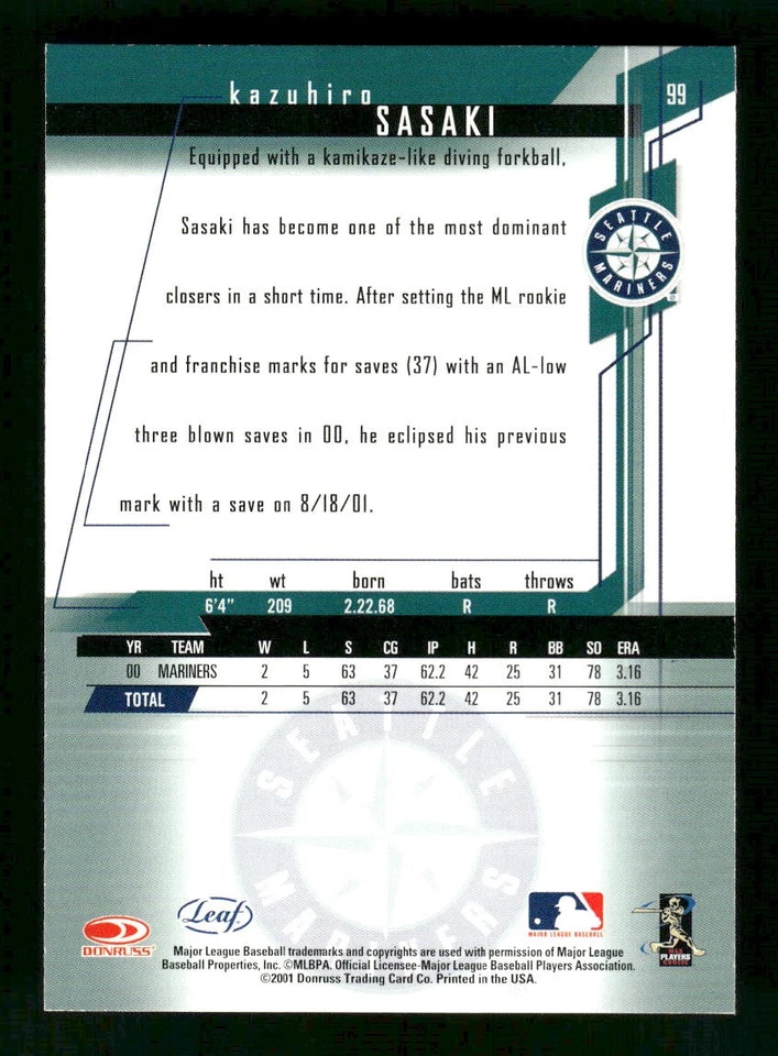 Kazuhiro Sasaki 2001 Leaf Rookies & Stars #99 Near Mint or Better - Image 2 of 2