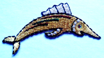 Iron On Patch  - Marlin Gem Eye gold 3'' across x 1 3/4'' FREE SHIPPING