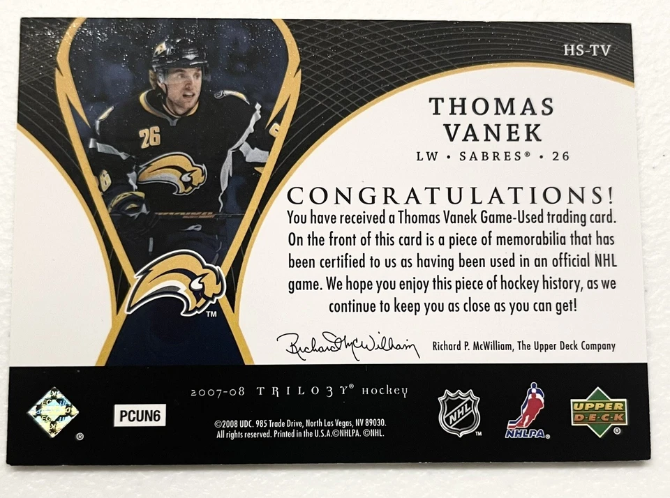 THOMAS VANEK 2007-08 UPPER DECK TRILOGY HONORARY SWATCHES JERSEY - Image 2 of 2