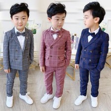 Boys Casual Suit Jackets Coat Pants 2pcs Double Breasted Formal Children Clothes