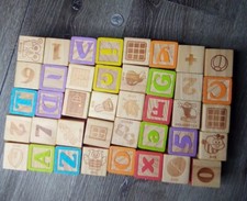 Lot Of 40 Wood Blocks Alphabet Animal Number Picture Math Symbols 1-3/4  
