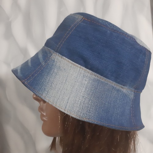 Denim patchwork hat, Boho jean hat in street fashion style, Blue bucket hat - Picture 3 of 11