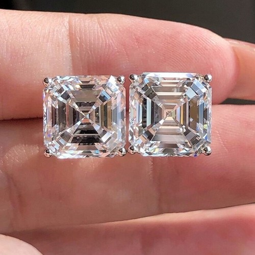 3.22 TCW Asscher Cut Moissanite Push Back Stud Earring In 14k White Gold Plated - Picture 6 of 10