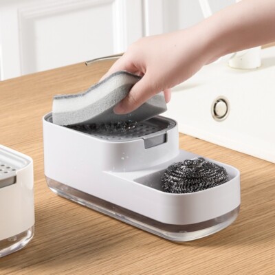 Kitchen Countertop Soap Dispenser with Sponge and Scrub Holder, 20oz 3-in-1