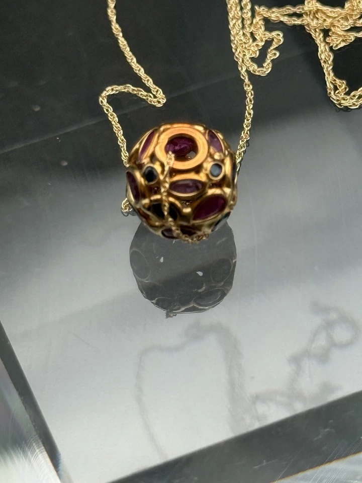 Bezel Set Sapphire & Ruby Cobblestone Ball Bead 14K Gold Pendant - Image 3 of 4