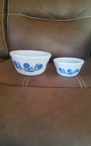 Vintage Hazel Atlas Blue Cornflower Flowes Mixing Bowl White Milk Glass Rare.